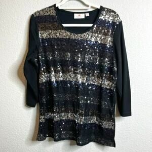 Quacker Factory Sequin and Lace 3/4 Sleeve Black Knit Top Sz L